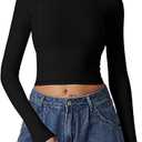 QINSEN Women's Crewneck Long Sleeve Shirts Double Lined Fitted Crop Top Seam Cup Going Out Tops, Size XS