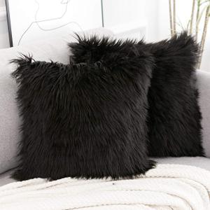 WLNUI Black Faux Fur Throw Pillow Covers 18x18 Inch Set of 2, Luxury Fluffy Shaggy Plush Cushion Cases for Couch Sofa Bed Living Room Decor, Soft Fuzzy Pillow Covers with Hidden Zipper