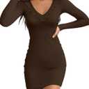 Valiamcep Women's Mini Dress V Neck Ruffle Long Sleeve Ribbed Slim Fitted Bodycon Pencil Dresses (Brown, S)