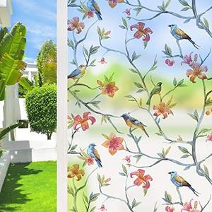 MSUP Window Film Privacy Static Cling Frosted Window Film for Glass Window Anti-UV Window Film Removable No-Glue Film Birds and Flowers Film for Kitchen, Bathroom, Office 35.4" x 78.7" Red