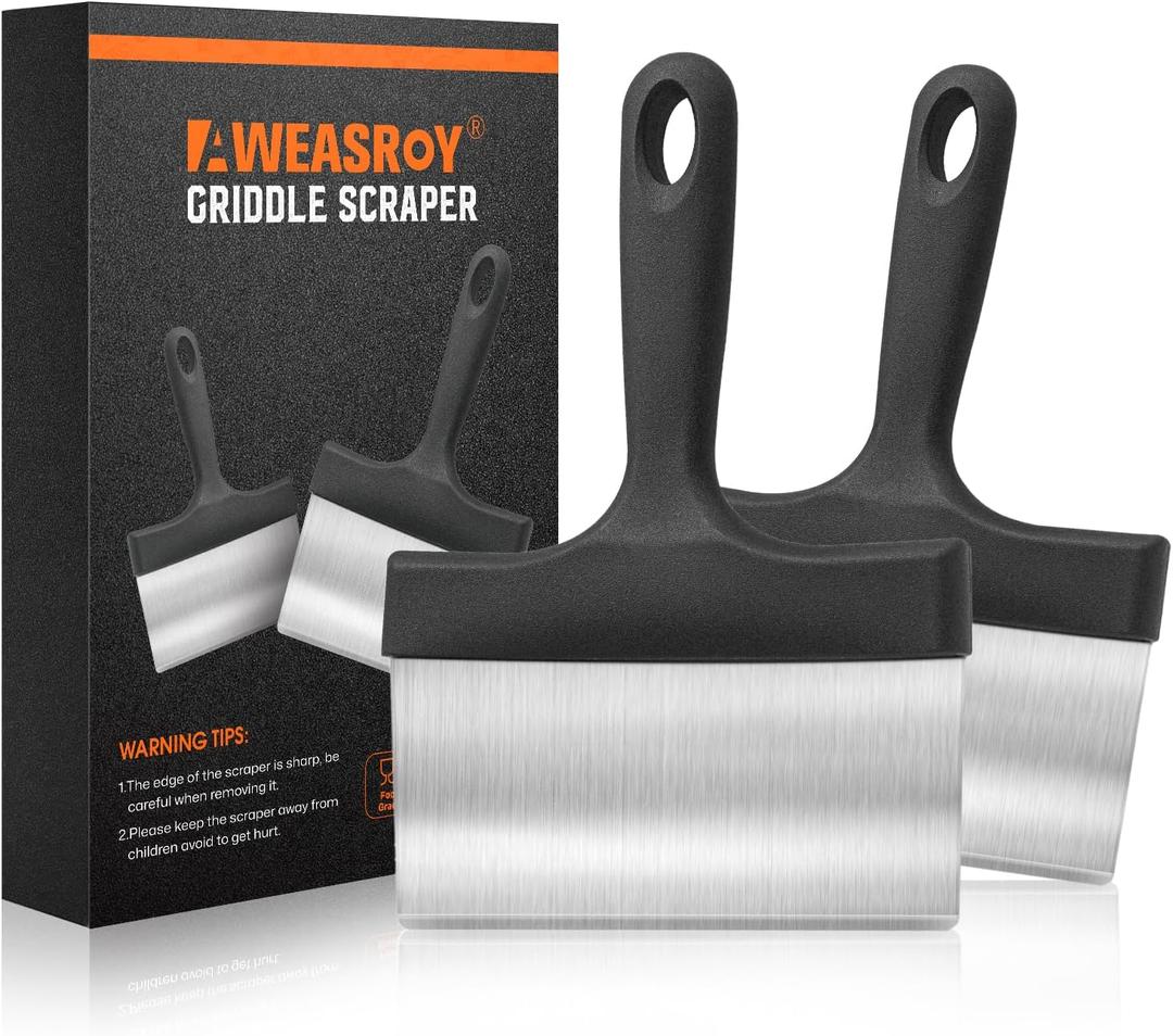 Heavy Duty Grill Scraper Stainless Steel Griddle Scraper with 5 Inches Handle, Sturdy Food Scraper Tool Kitchen for Blackstone Grill Accessories, Outdoor Barbecue Turners Tools (Black Set of 2)