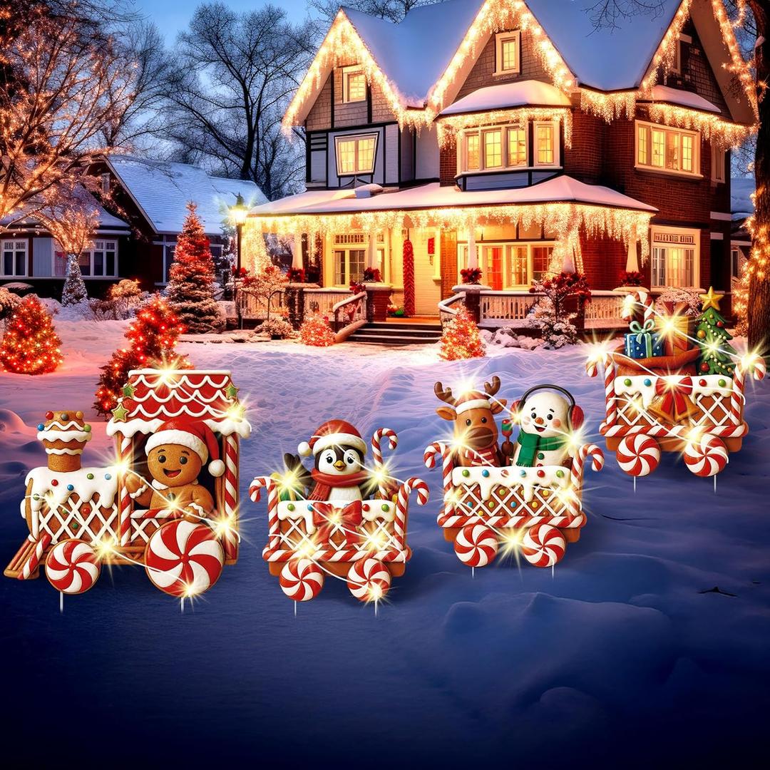 Marsui 4 Pcs Christmas Train Decoration Yard Sign with 4 LED Light Lawn Sign Christmas Red Gingerbread Penguin Snowman Train Set with 8 Stake for Xmas Garden Outdoor Holiday Party Decor