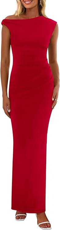 PRETTYGARDEN Women's 2025 Summer Formal Maxi Dresses Sleeveless One Shoulder Bodycon Ruched Mesh Wedding Guest Cocktail Dress
 (Red, Large)