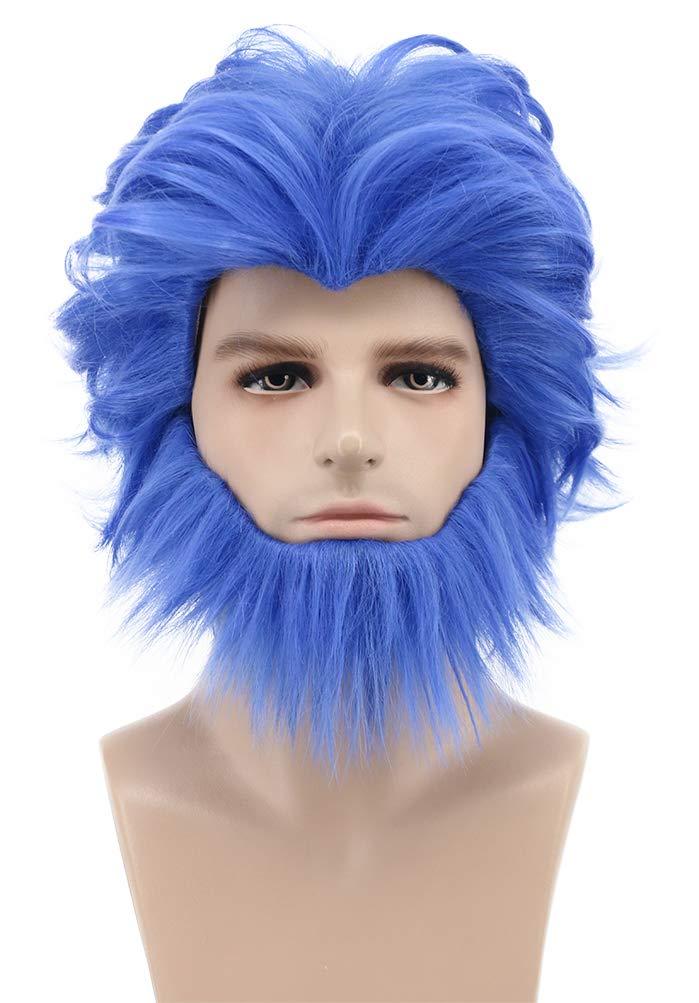 karlery Men Short Wave Blue Moustache Wig Halloween Cosplay Wig Anime Costume Party Wig