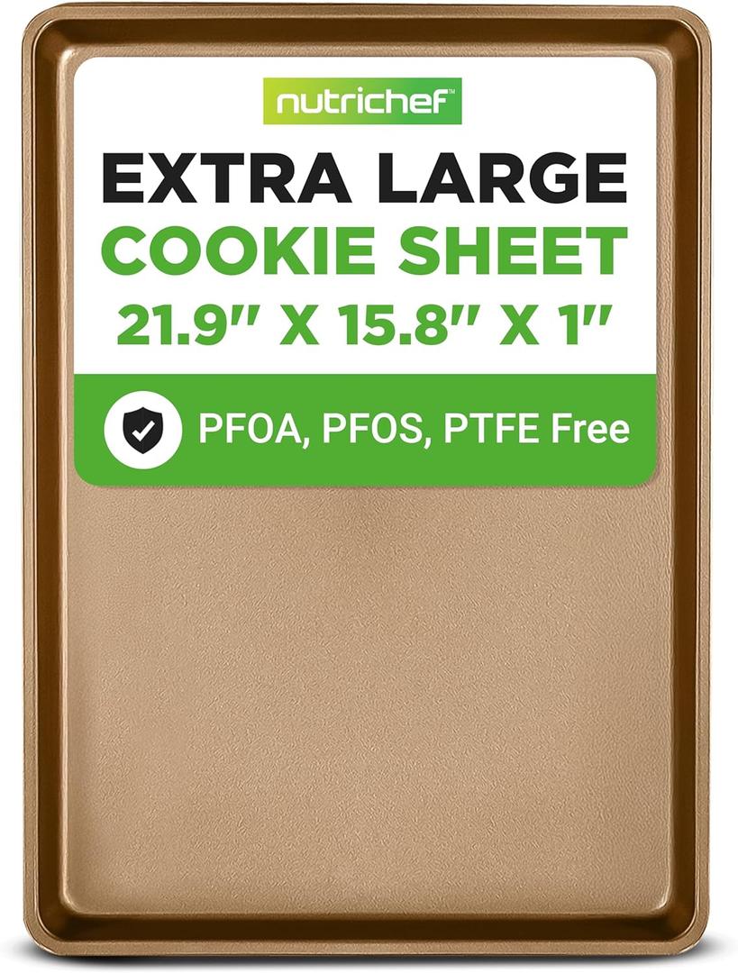NutriChef Nonstick XL Cookie Sheet Baking Pan, Extra Large 22 Inch x 16 Inch, Carbon Steel Oven Baking Sheet for Cookies & Pastries, Gold - NCLG1GD