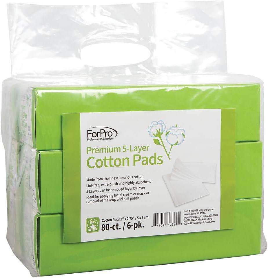 ForPro Professional Collection Premium 5-Layer 100% Cotton Pads for Cosmetic Application and Product Removal, 2" x 2.75", White, 80-Count (Pack of 6)