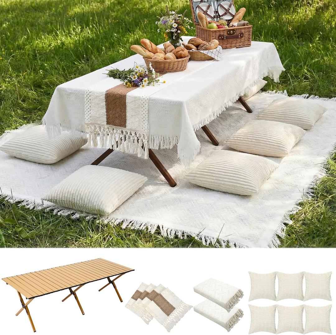 Novabright 10 Pcs Boho Picnic Kit Folding Picnic Table 59'' x 20.5'' Extra Large Outdoor Boho Blanket 91'' x 71'' Beige White Table Runner Pillow Cover Woven Cotton Oversize Washable for Camp Wedding