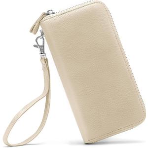Womens Wallet RFID Blocking Genuine Leather Zip Around Wallet Clutch Wristlet Travel Long Purse for Women (Y1-Beige)