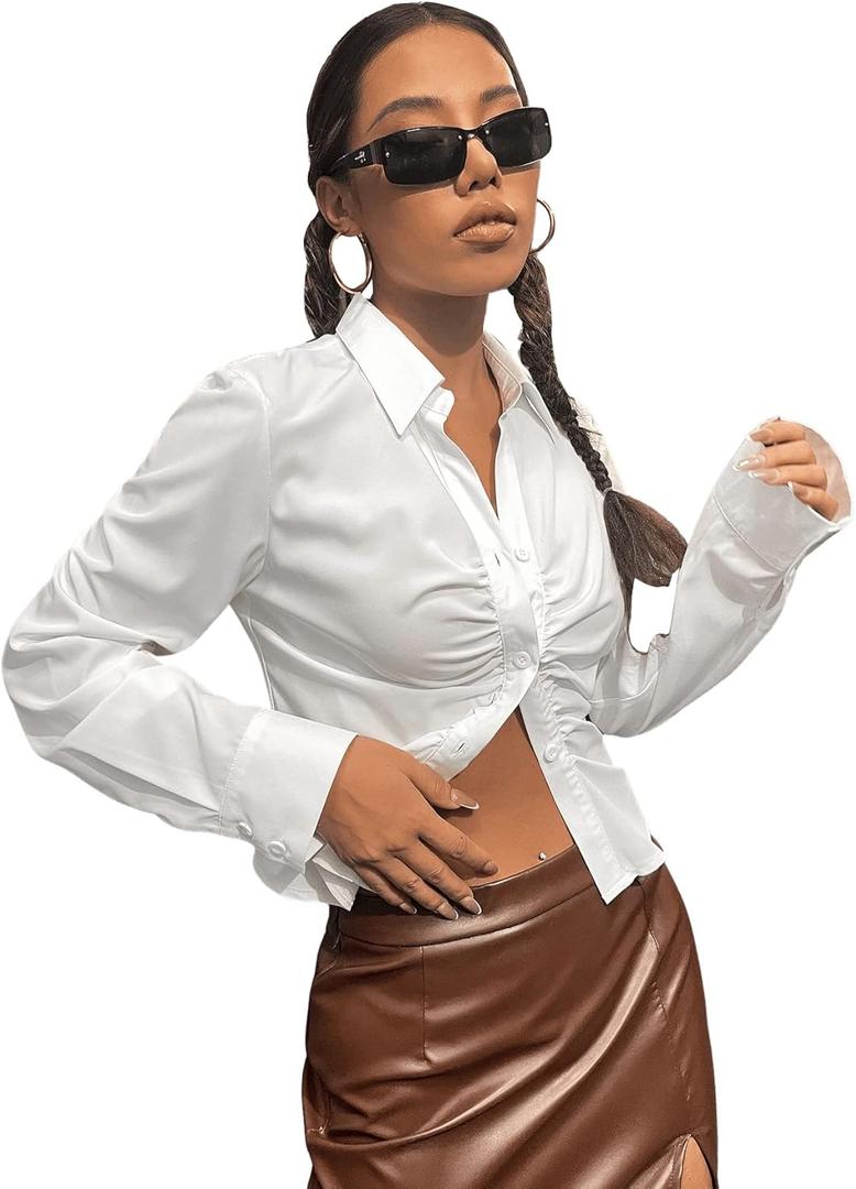 SweatyRocks Women's Long Sleeve Button Up Shirt Collar Neck Ruched Fitted Blouse Top (Medium, White)