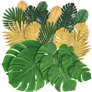 Abzo 77 Pieces 9 Kinds Artificial Palm Leaves for Tropical Party Decorations Golden Tropical Leaves with Stems Jungle Leaves Decoration Hawaiian Party Beach Baby Shower Wedding Birthday Decorations (Green)