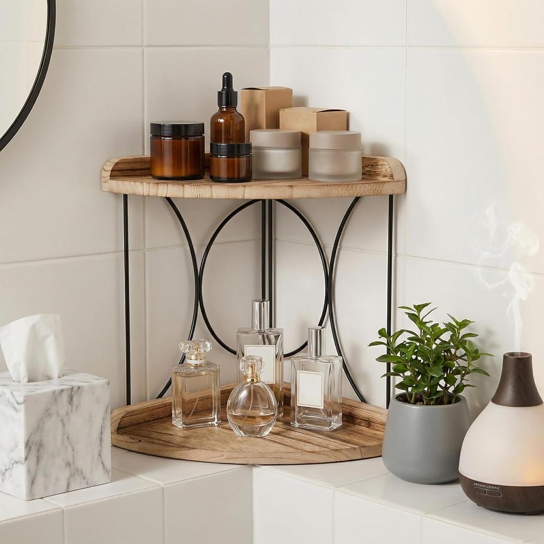 Goaste 2-Tier Bathroom Counter Organizer, Wood Vanity Corner Shelf, Skincare Storage Standing Tray, Kitchen Countertop Spice Rack, Makeup Perfume Holder for Bathroom Organization, Dresser, Kitchen
