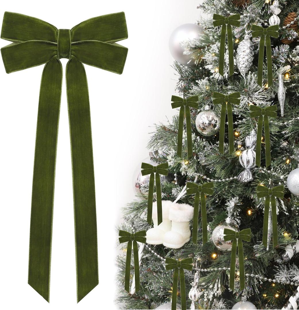 12Pcs Green Velvet Ribbon Bows Christmas Tree Decorations,5in x 10in St Patricks Day Ornaments for Tree Home Party Front Door Wreath Garland Holiday Decor