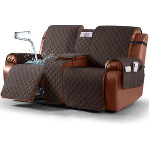 Ruaozz Waterproof Loveseat Recliner Cover with Console Non-Slip Reclining Couch Covers Split Sofa Slipcovers with Elastic Straps for Kids, Dogs, Pets (Chocolate, 2 Seater)
