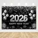MEHOFOND 7x5ft Black and Silver 2026 Happy New Year Backdrop Hello 2026 New Year Eve Party Photography Background Balloon Fireworks Glitter Dots Cheers to 2026 Decor Banner Photo Booth Props