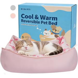 Mora Pets Reversible Cat Bed for Indoor Cats and Small Dogs Washable - Cool & Warm 2-in-1 Anti Anxiety Calming Pet Bed for Summer, Rectangle Puppy Bed with Cute Pink Bow (20x19x6)