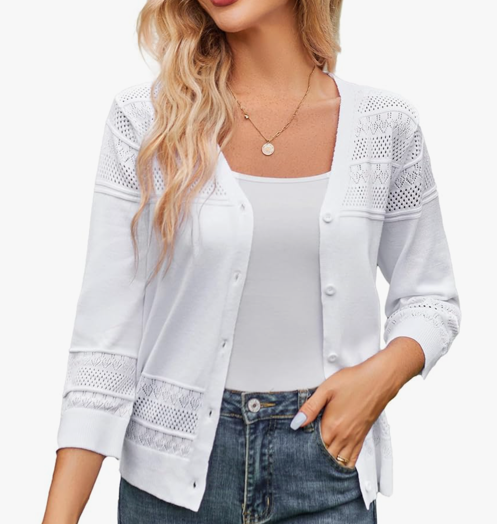 Women's 2025 Cropped Cardigan 3/4 Sleeve Lightweight Crochet Shrug Hollowed-Out Knit Sweater Tops Size S