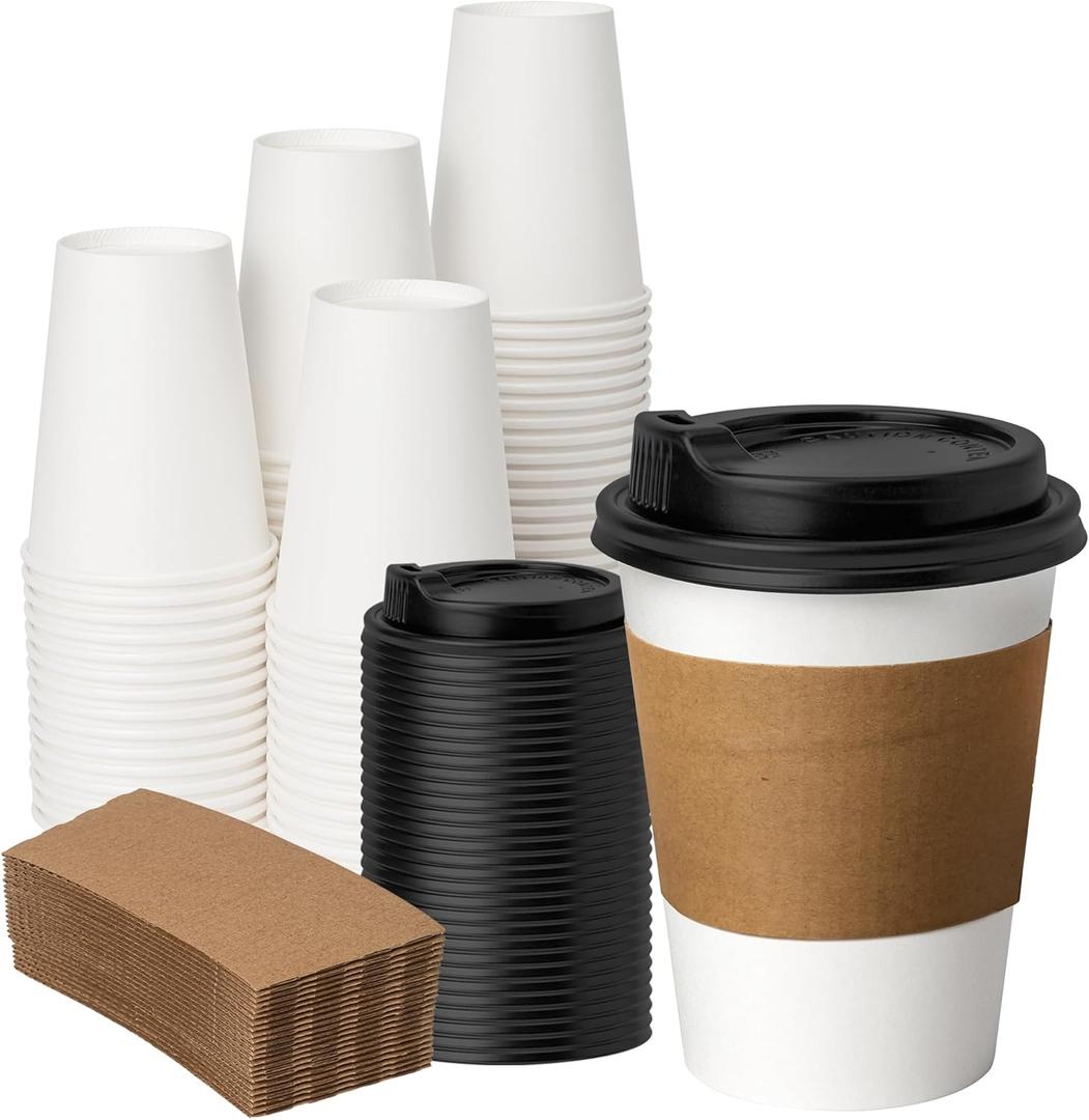 YEEHAW 12 oz 50 Pack Coffee Cups with Lids and Sleeves, To Go Hot Cups for Coffee, Disposable Paper Cups, Ideal for Cafes, Bistros