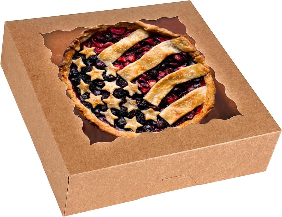 20-Pack Pie Boxes 10" x 10" x 2.5", Bakery Boxes with Window, Auto-Popup Cookie Boxes for Pies, Cookies and Pastries (Brown)