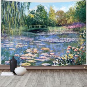 Accnicc Monet Water Lilies Tapestry Green Floral Plant Tapestries Aesthetic Monet Wall Art Posters Nature Flower Garden Landscape Tapestrys for Bedroom Living Room Dorm 80 x 60 Inch