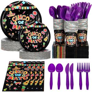 Pickmesh 350 Pieces Mexican Themed Fiesta Dinnerware Set for 50 Guests Cinco De Mayo Table Decorations Supplies Including Paper Dessert Plates Napkins Cup Plastic Forks Spoons Knives (Stylish Style)