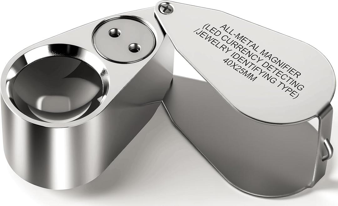 Leffis 40X Jewelers Loupe Magnifier Magnifying Glasses, LED/UV Illuminated Jewelry Loop Pocket Folding Magnifying Glass with Metal Construction for Close Work, Gardening, Kids, Stamp, Rock Collecting (1 Pack)
