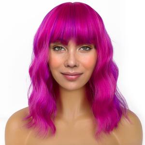 LANICE Short Bob Wigs with Bangs for Women Loose Wavy Hair Shoulder Length Rose Mix Purple Wigs Synthetic Colorful Wigs for Cosplay Daily PartyUse(Rose Mix Purple,12inch)