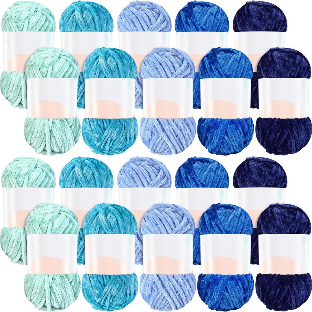 Woanger 20 Skeins Soft Chenille Yarn Velvet Blanket Yarn for Crocheting Hand Knitting Weaving DIY Craft, 10 Colors, 93 Yards Each (Blue Tone)