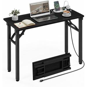 XBurmo Small Folding Desk Folding Table, No Assembly Foldable Desk Gaming Desk, 35.8-Inch Computer Table Workstation with 2 AC Outlets and 2 USB Ports for Bedroom and Home Office, Dark Oak, 35.8 x 15.7 Inch