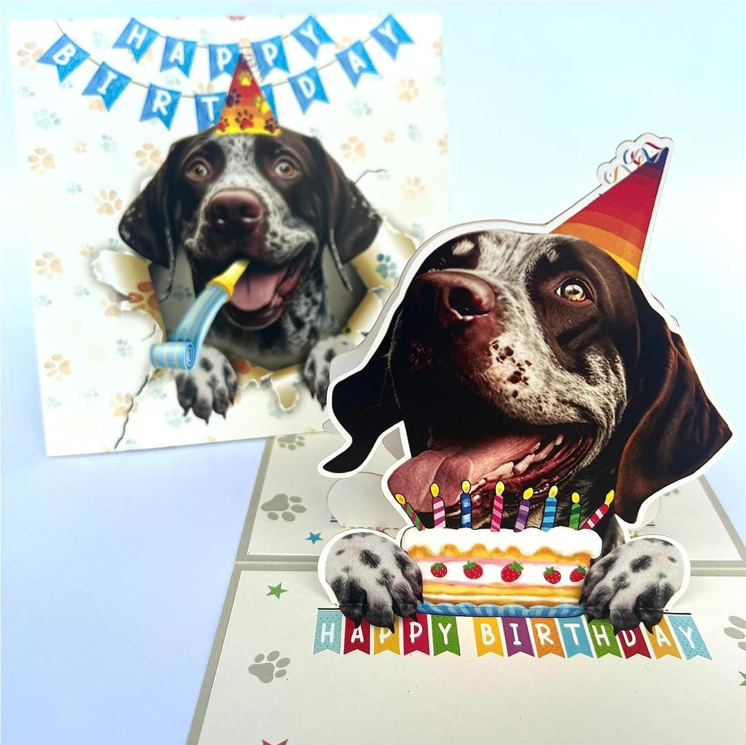 3D Pop-Up German Shorthaired Pointer Dog Birthday Card - Cute GSP Dog with Cake Celebration, Whimsical Happy Birthday Greeting for Dog Lovers - Shorthaired Pointer Dog 3D Birthday Pop Up Cards