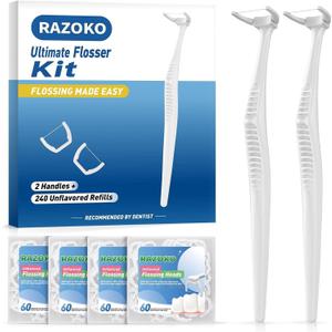 RAZOKO Reusable Dental Flosser Kit, Extra Strong Shred-Resistant Floss, for Hard to Reach Areas, PTFE & PFAS Free (2 White Handles + 240 Refills)