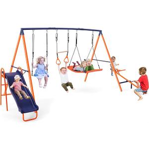 Swing Sets with Slide for Backyard 700lb 5in1 Playground Set Teeter Totter
Large Metal Frame with 2 Adjustable Swings, Ring Trapeze Bar, Slide Teeter Totter Outdoor Playset Swingset for Kids