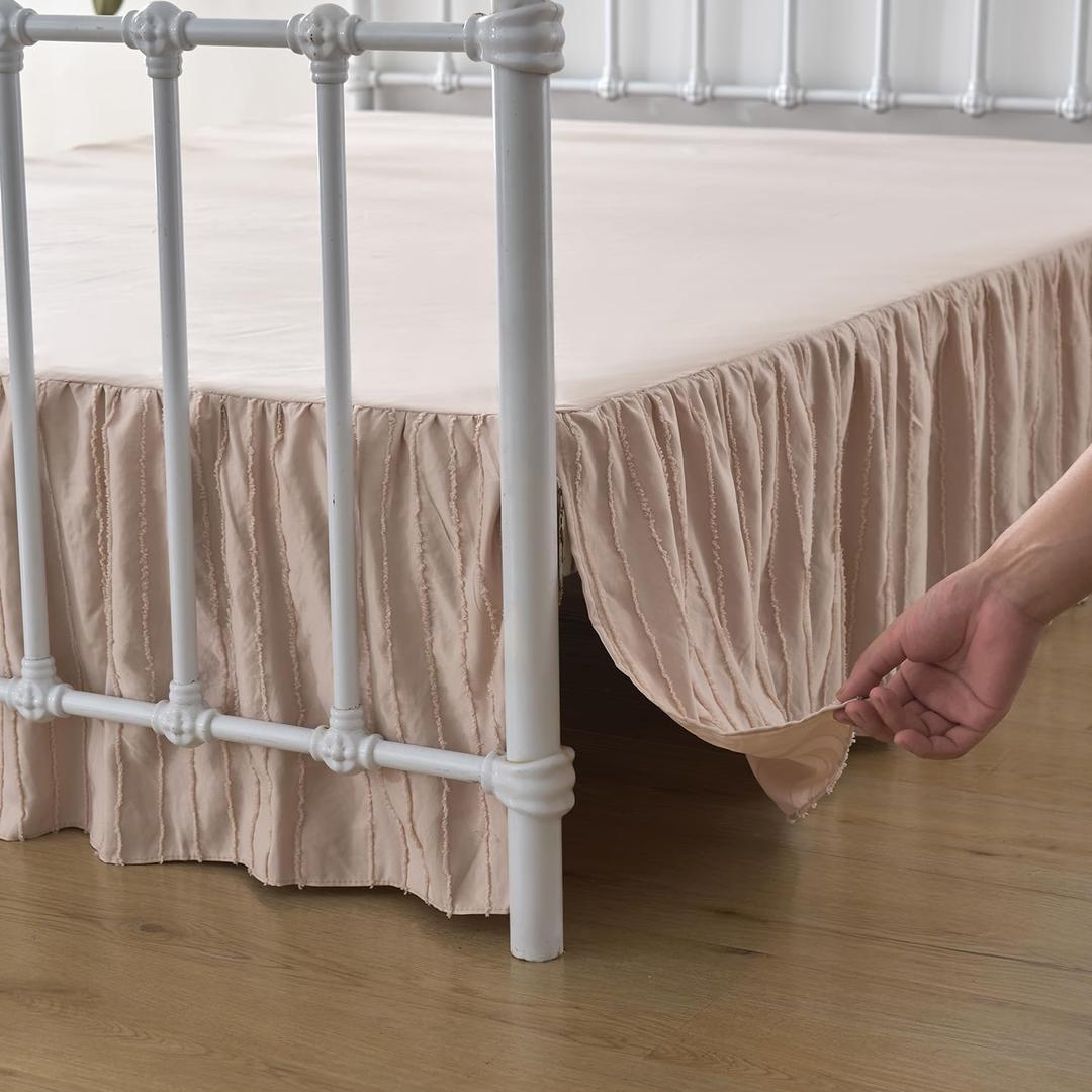 Bed Skirt King Size, Ruffled Bed Skirt with Split Corners, King Bed Skirts 14 Inch Drop, Striped Boho King Size Bed Skirts, Beige- 14''King