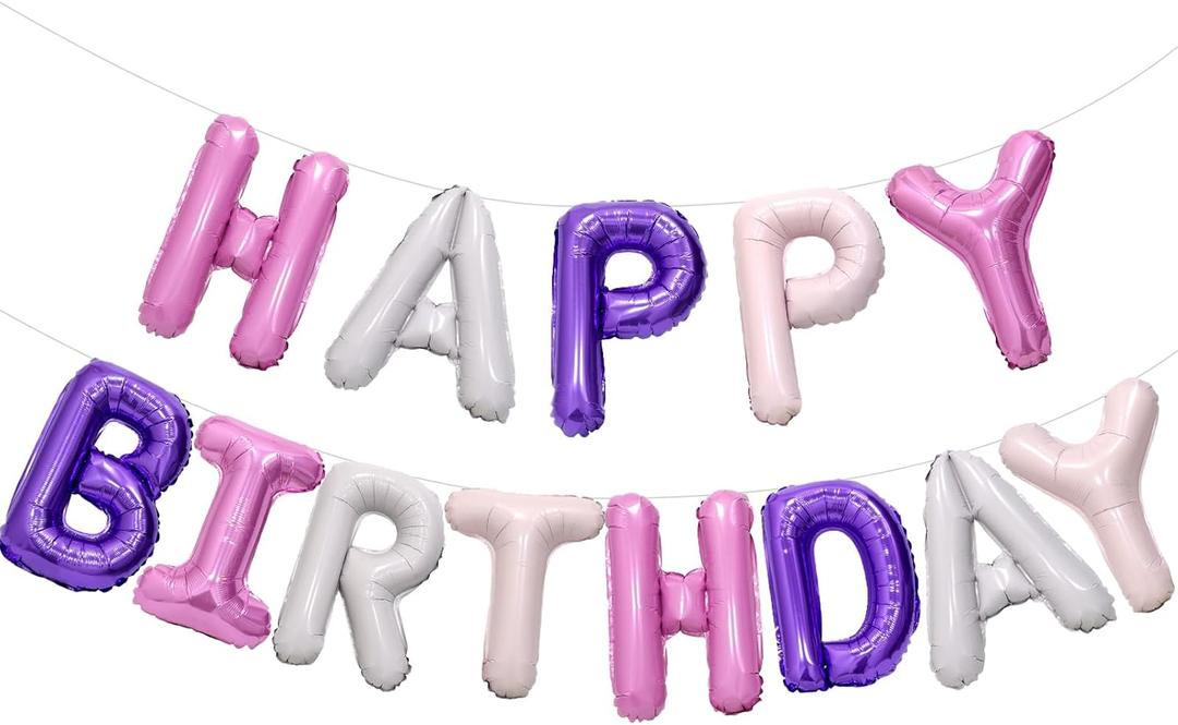 Purple Pink Happy Birthday Balloon Banner, 16 Inch Foil Mylar Happy Birthday Balloons Letters, Reusable Happy Birthday Sign, Pink and Purple Birthday Decorations for Women and Girls