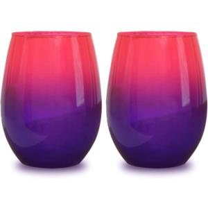 Bad Bananas Ombre Pink and Purple - Set of Two 21 oz Stemless Wine Glasses - Colored Glassware - Colorful Drinking Glasses Wine Gifts for Women