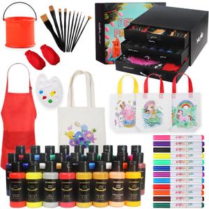 Colorful Kids Fabric Paint Art Kit - Including 12 Fabric Markers, 26 Fabric Paints, Fabric Tote Canvas Bags, Paint Brushes, and Apron Set in a Box  Inspire Imagination and Family Bonding