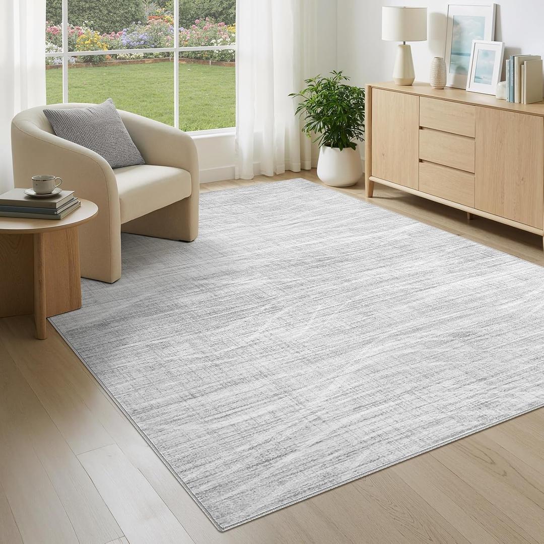 WITSHOCK 5x7 Area Rug for Living Room, Washable Rugs for Bedroom Kitchen Nursery Dining Room Office, Modern Wave Striped Rugs, Soft Thin Carpet Non Slip Low Pile for Home Decor, Light Grey