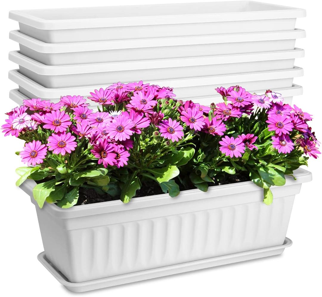 6 Packs Window Box Planter, 17 Inches Flower Window Box Rectangular Plastic Vegetable Planters with Trays for Windowsill, Patio, Garden, Balcony, Porch White