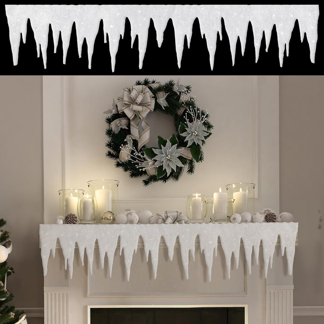 47.2 Inch Christmas Glitter Icicle Snow Fringe Decorations for Fireplace Sparkle Trim Artificial Snow Fabric for Holiday Winter Decor