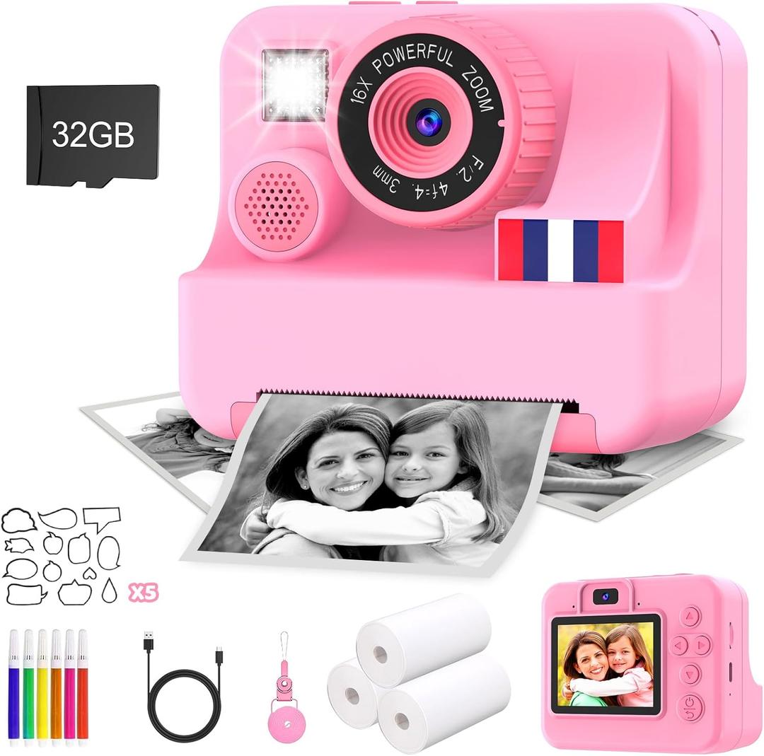 Instant Print Camera for Kids - Christmas Birthday Girls Gifts for Age 3 4 5 6 7 8 9 10 Year Old, 2.4 Inch Screen Kids Instant Camera, Kid Digital Video Cameras Toys with 32 GB SD Card (Pink)