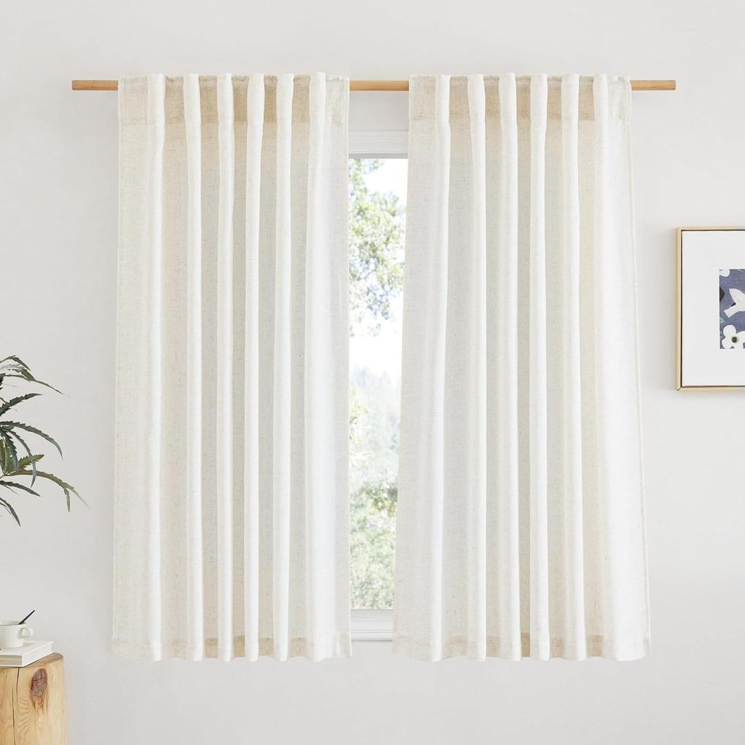 NICETOWN Natural Linen Curtains 54 inches Long for Nursery, Rod Pocket & Back Tab Privacy Window Treatments Light Filtering Drapes for Bedroom/Bathroom, 52" W x 54" L, 2 Panels