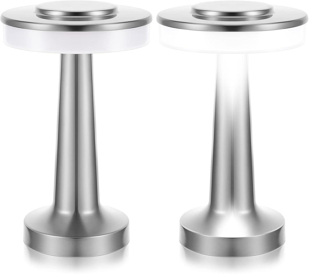 Riakrum Set of 2 LED Portable Cordless Table Lamp with Touch Sensor 3 Color Stepless Dimming Rechargeable Battery up to 15 Hours Cordless Table Light Wireless Lamp for Nursery(Silver)