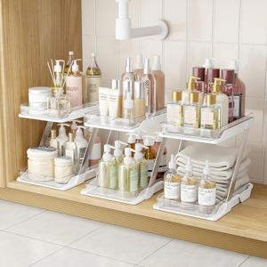 3 Pack Bathroom Organizers and Storage - Multi-Purpose,2-Tier Clear Pull Out Organization for Bathroom,Under Sink,Kitchen,Vanity,Countertop,Cabinet,Pantry & Medicine Cabinet,White