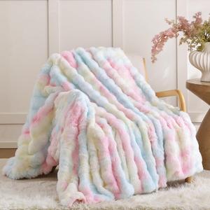 Smoofy Faux Fur Throw Blanket for Couch - Rainbow Super Soft Cozy Bubble Blanket, Fluffy Plush Fuzzy Throw for Sofa & Bed, Thick Lightweight Warm Blanket, Luxury Aesthetic Gift for Women 60"x80"