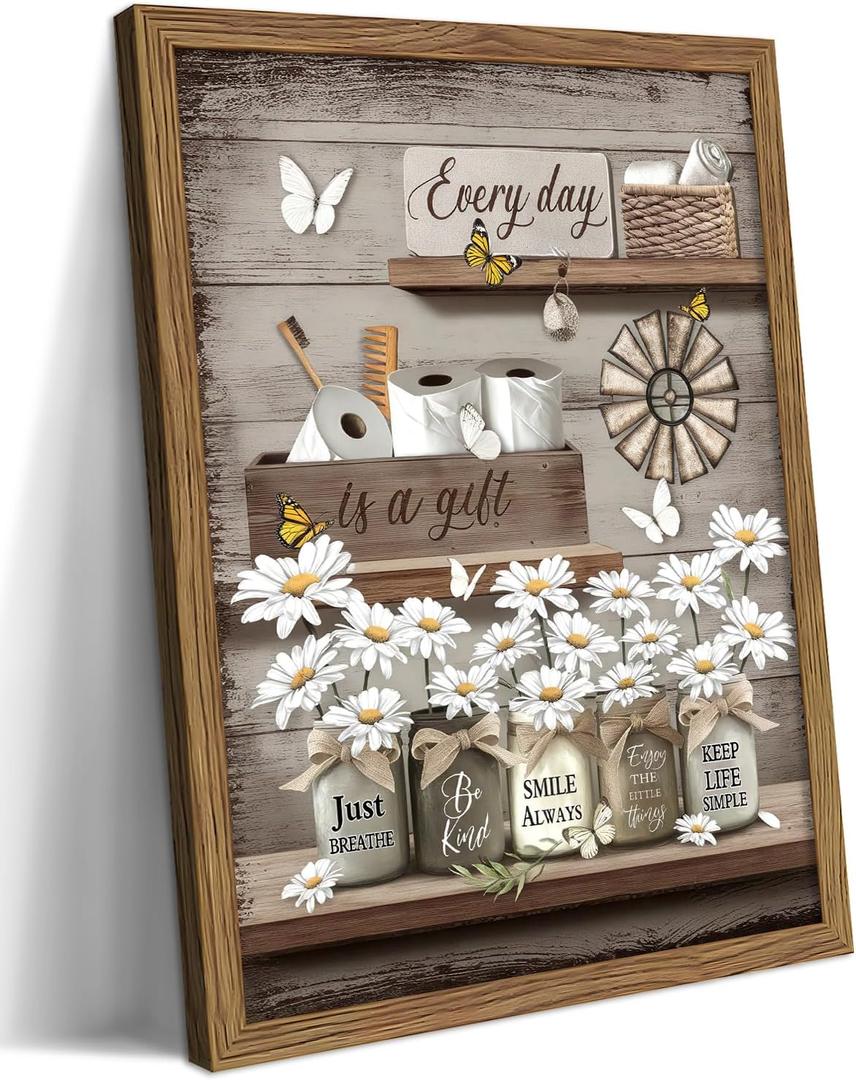 Wood Framed Farmhouse Bathroom Wall Art, Vintage Rustic Daisy Canvas Wall Decor Paintings, Flower Butterfly Inspirational Posters Prints Pictures Artwork for Bathroom Bedroom Living Room, 16x24 Inch