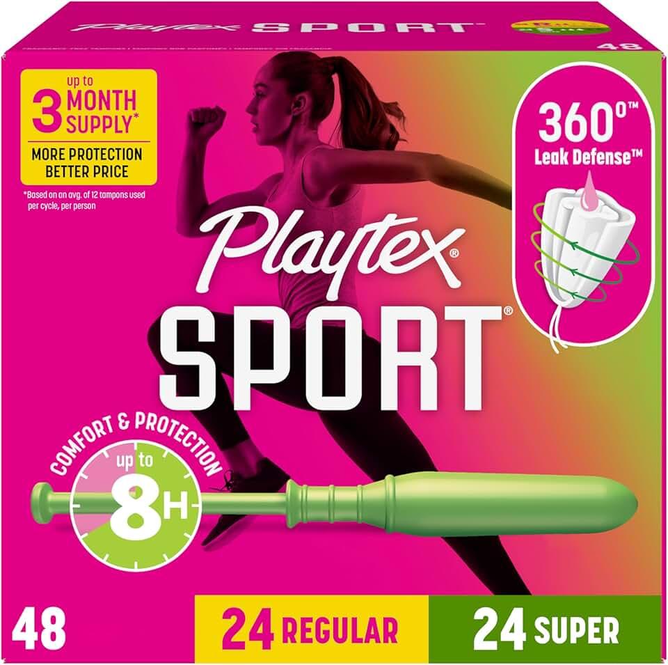 Playtex Sport Tampons Multipack (24ct Regular/24ct Super), Fragrance-Free - 48ct | Tampons Regular and Super, Playtex Tampon Multipack, Feminine Care with 360 Leak Defense