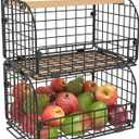 2 Set Stackable Wire Basket with Openable Top, Kitchen Counter, Pantry Organizer and Storage Produce Onion Potato Fruits Vegs Bread Food Snack Spice Organizing Bin for Cabinet Shelf Countertop Floor, 12"D x 9"W x 8.45"H
