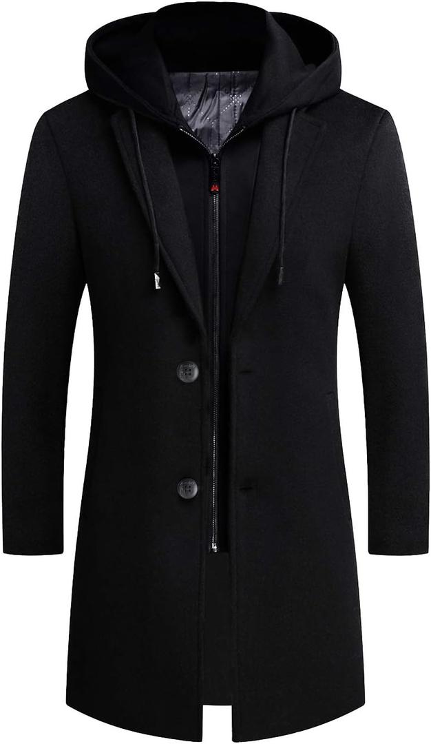 iCKER Mens Trench Coat Winter Wool Blend Jacket Overcoat Long Top Coat Warm Pea Coat (X-Large, 1908-black)