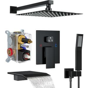 Shower System with Tub Spout, 10-Inch High-Pressure Rain Showerhead and Handheld Combo, Matte Black Shower Faucet Set with Rough-in Valve and Trim, Wall Mounted 3-Way Shower Set