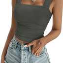 REORIA Womens Sexy Square Neck Double Lined Mesh Sheer Ruched Crop Going Out Tops Y2k Trendy Cute Tank Top Summer Outfits (Gray, S)