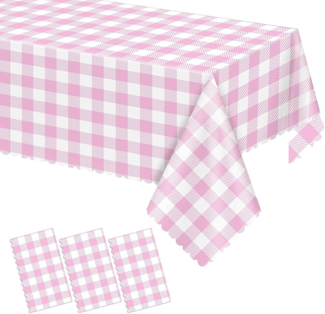3 Pack Pink and White Checkered Tablecloth, 54 X 108Inch Plastic Red Gingham Table Cloth Waterproof Red Checkered Table Cover for Easter Mother's Day Wedding Birthday Anniversay Baby Bridal Shower